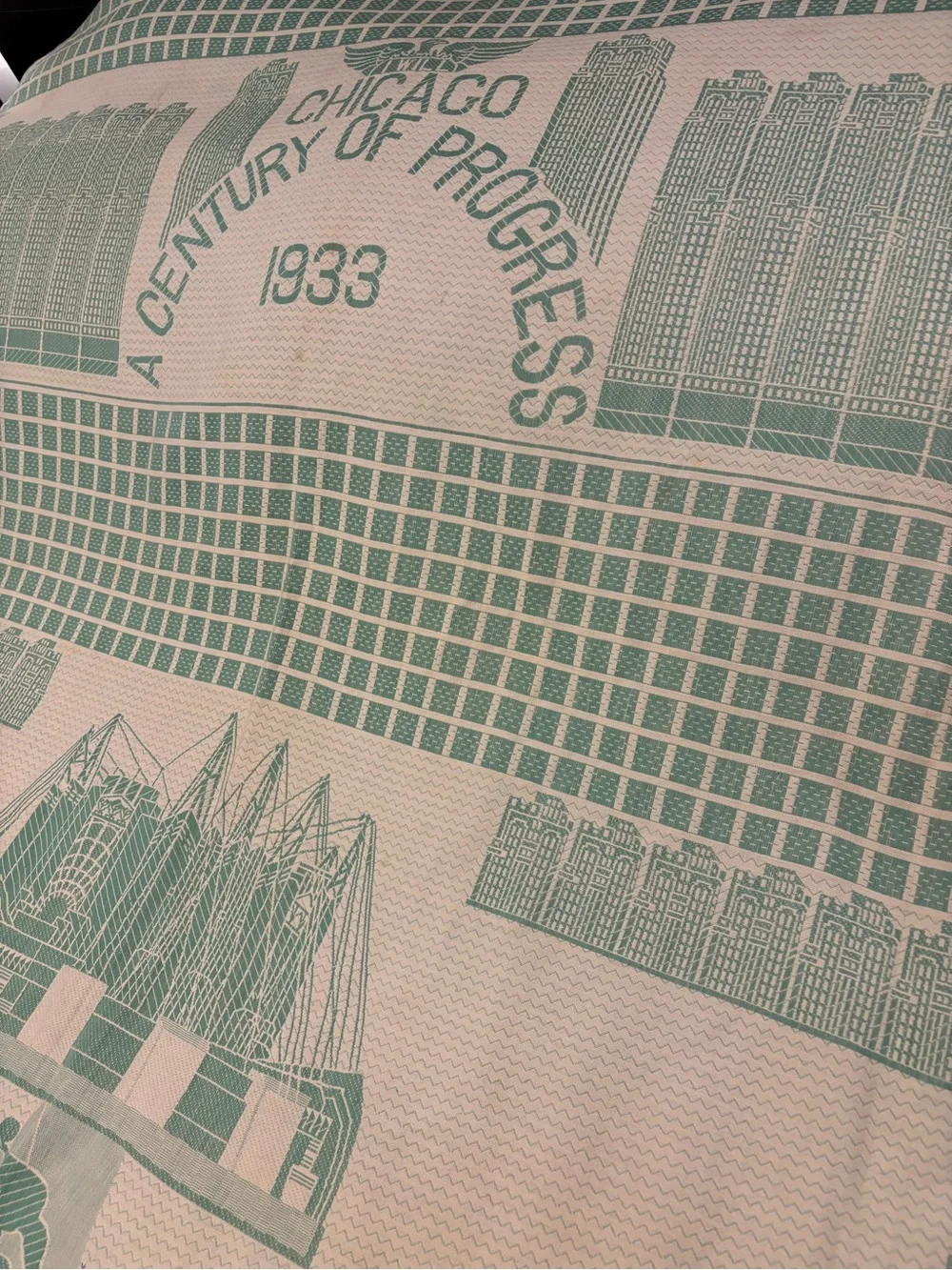 Vintage Chicago 1933 Authentic World’s Fair Jacquard Bedspread - Green & Cream